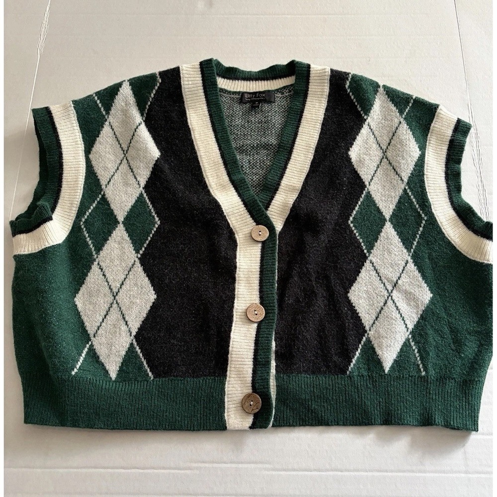 Witty Fox Sweater Women's Size‎ M - Plaid Contemporary Button Up Vest
